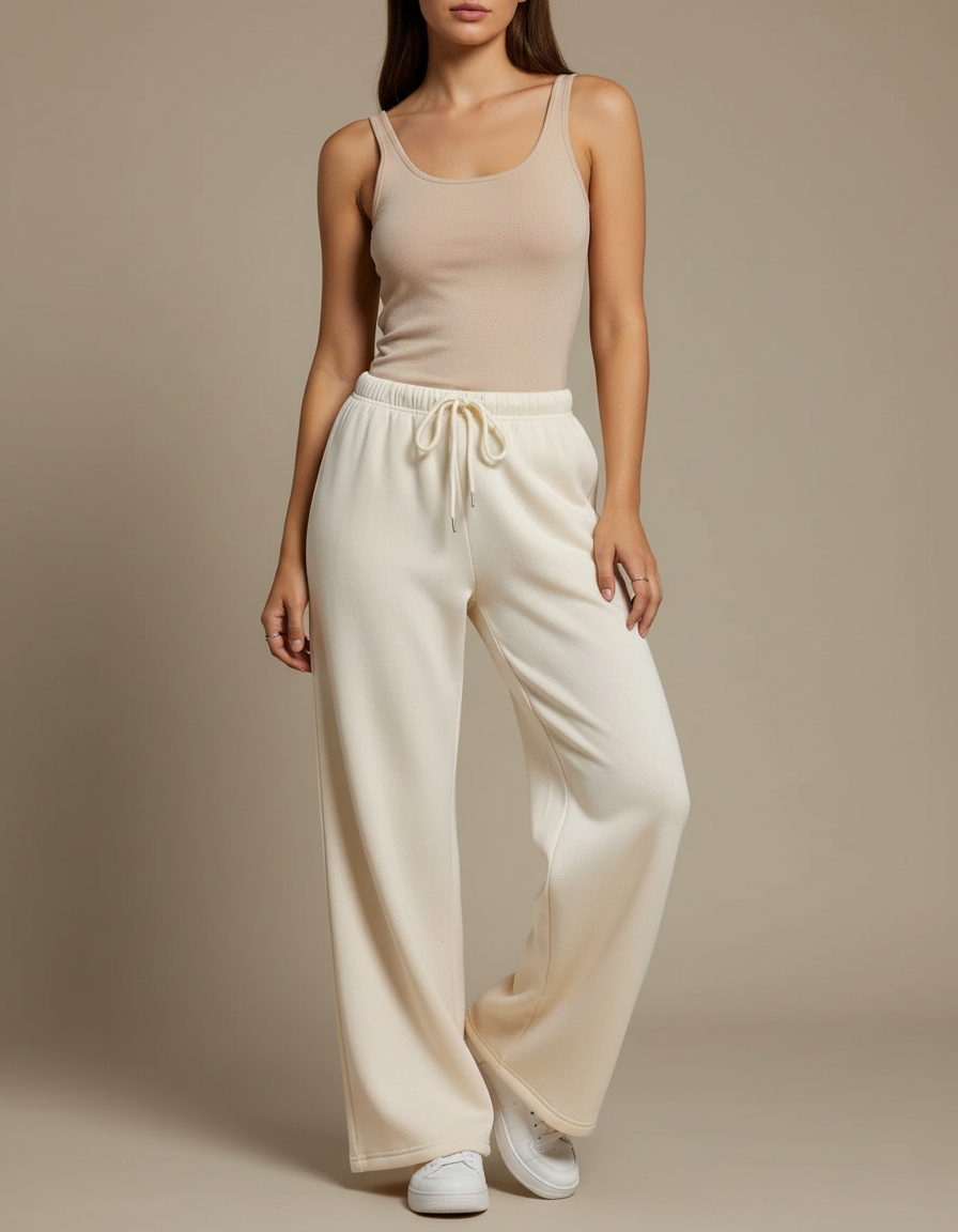Pantalon Beige Ample Cordon Décontracté Femme Fluide - Molleton