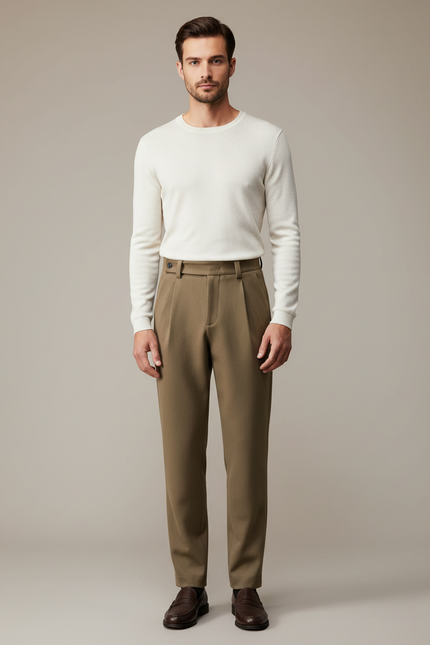 Pantalon Beige Laine Droite Plissé Homme Élégant - Kaki