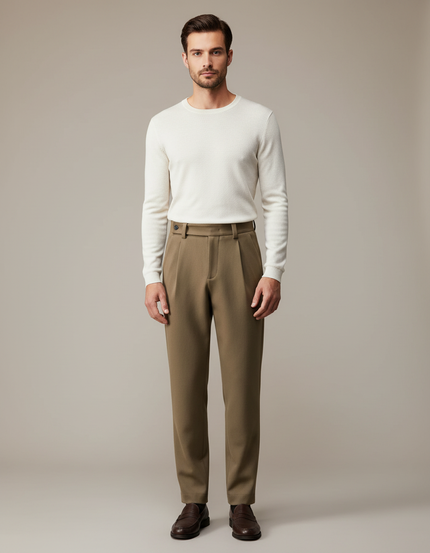 Pantalon Beige Laine Droite Plissé Homme Élégant - Kaki