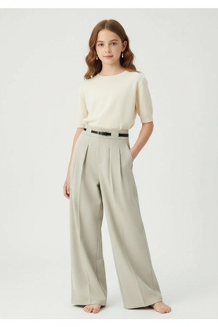 Pantalon Beige Ample Plissé Droit Élégant - Polyester