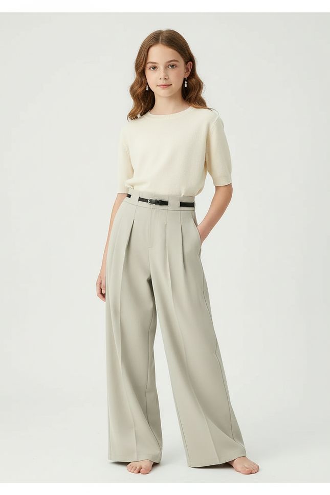 Pantalon Beige Ample Plissé Droit Élégant - Polyester