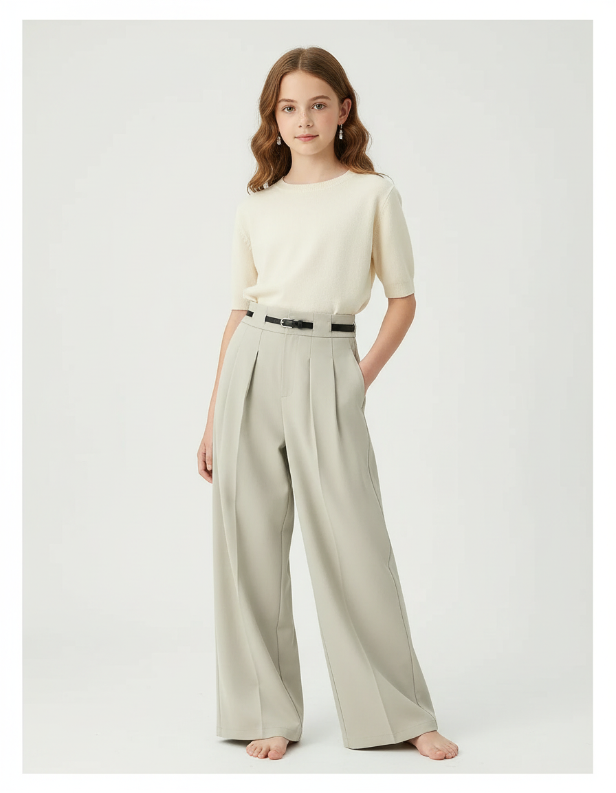 Pantalon Beige Ample Plissé Droit Élégant - Polyester