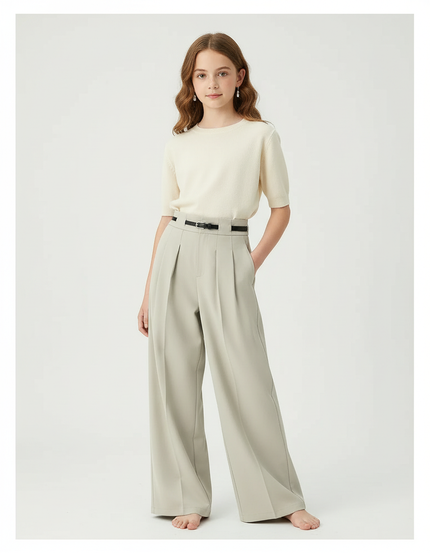 Pantalon Beige Ample Plissé Droit Élégant - Polyester