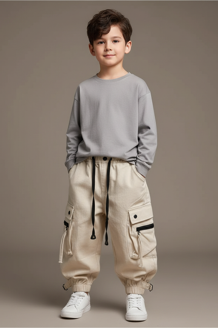Pantalon Beige Cargo Ample Enfants Garçons Coton - Toile