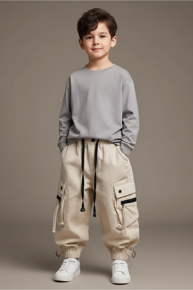 Pantalon Beige Cargo Ample Enfants Garçons Coton - Toile