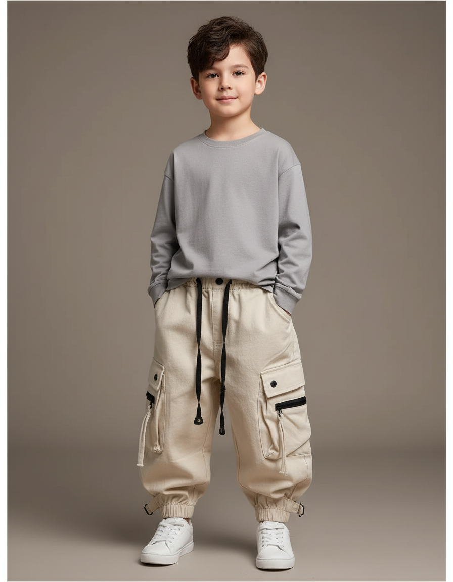 Pantalon Beige Cargo Ample Enfants Garçons Coton - Toile