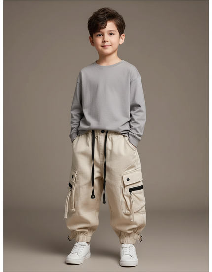 Pantalon Beige Cargo Ample Enfants Garçons Coton - Toile