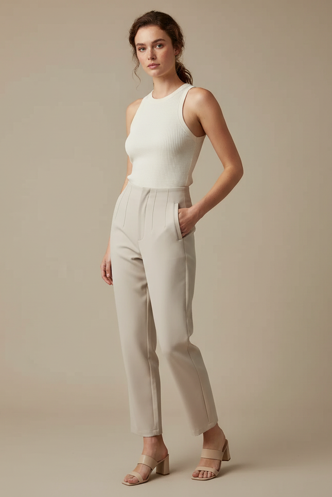 Pantalon Beige Taille Haute Plissé Droit Élégant Femme - Polyester