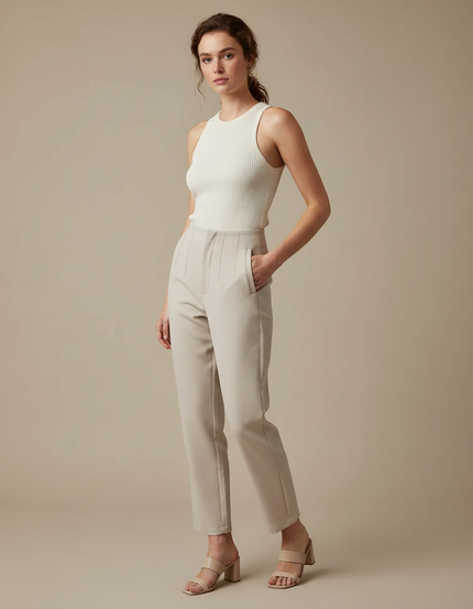 Pantalon Beige Taille Haute Plissé Droit Élégant Femme - Polyester