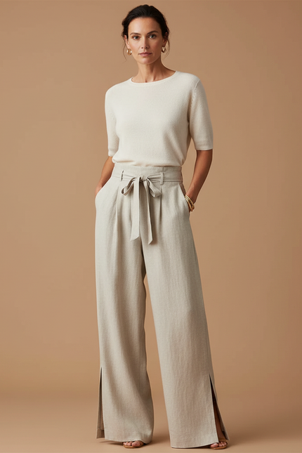 Pantalon Beige Fluide Lin Taille Haute Fendu