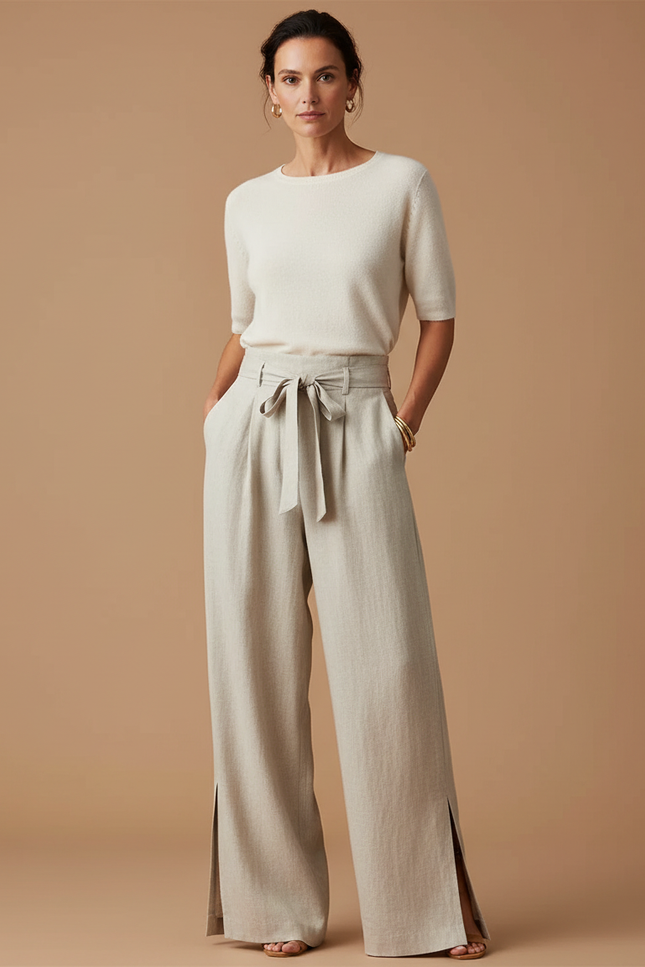 Pantalon Beige Fluide Lin Taille Haute Fendu