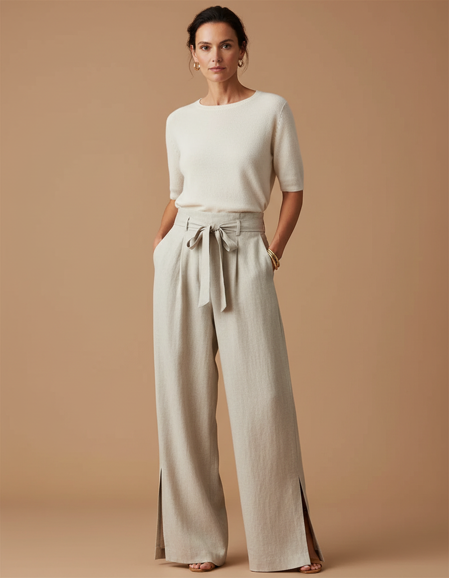 Pantalon Beige Fluide Lin Taille Haute Fendu
