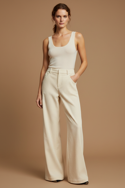 Pantalon Beige Côtelé Ample Droit Élégant Femme - Cordé
