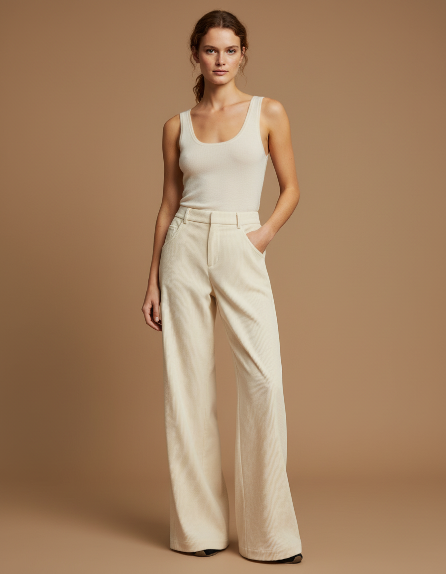 Pantalon Beige Côtelé Ample Droit Élégant Femme - Cordé