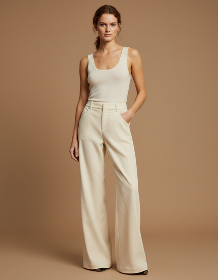 Pantalon Beige Côtelé Ample Droit Élégant Femme - Cordé