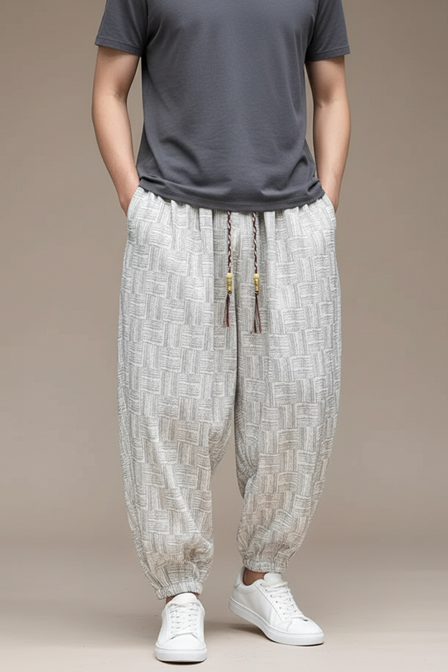 Pantalon Beige Lin Imprimé Ample Décontracté Homme