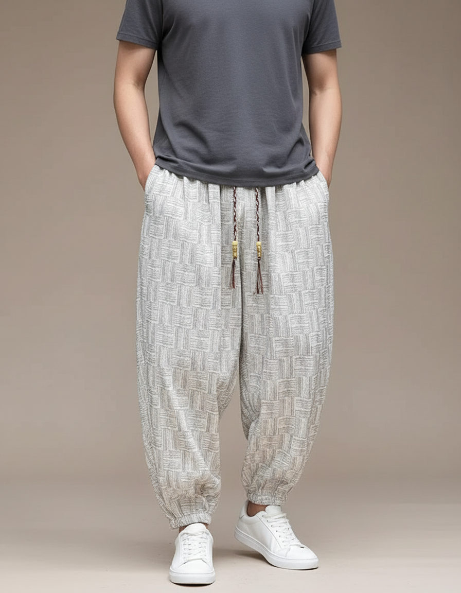 Pantalon Beige Lin Imprimé Ample Décontracté Homme