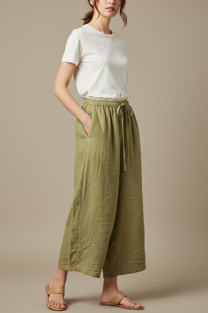Pantalon Beige Fluide Lin Coton Élastique Décontracté Femme - Kaki