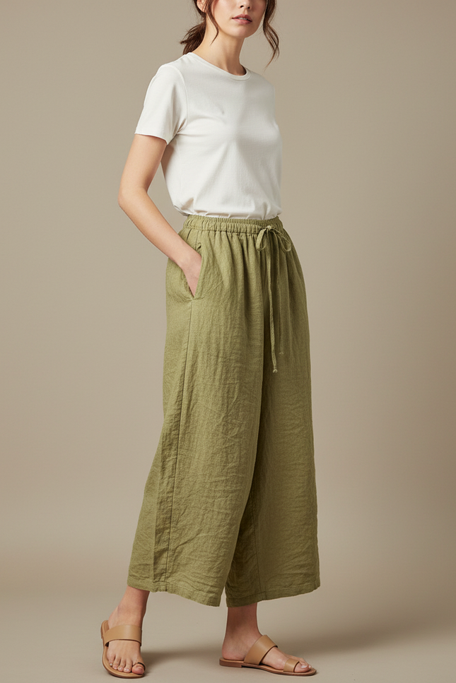 Pantalon Beige Fluide Lin Coton Élastique Décontracté Femme - Kaki