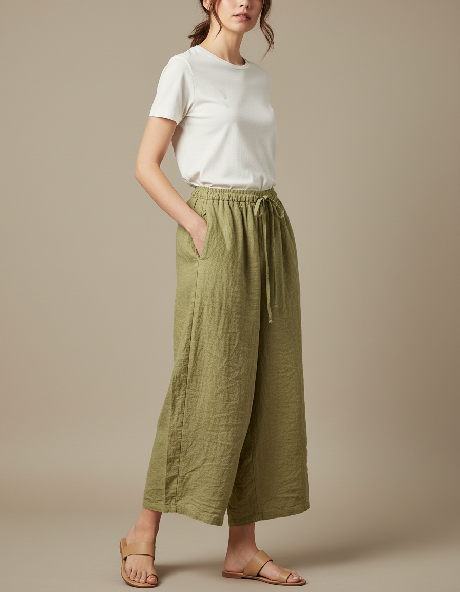 Pantalon Beige Fluide Lin Coton Élastique Décontracté Femme - Kaki
