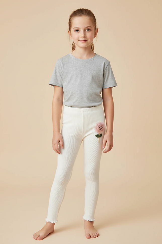 Pantalon Beige Côtelé Fleur Enfant Fille - Maille
