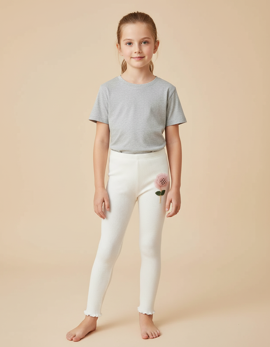 Pantalon Beige Côtelé Fleur Enfant Fille - Maille
