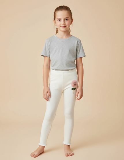 Pantalon Beige Côtelé Fleur Enfant Fille - Maille