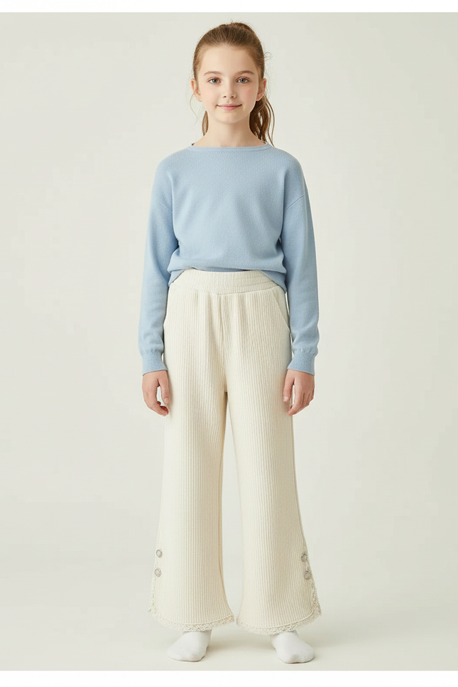 Pantalon Beige Côtelé Ample Évasé Dentelle Fille - Maille