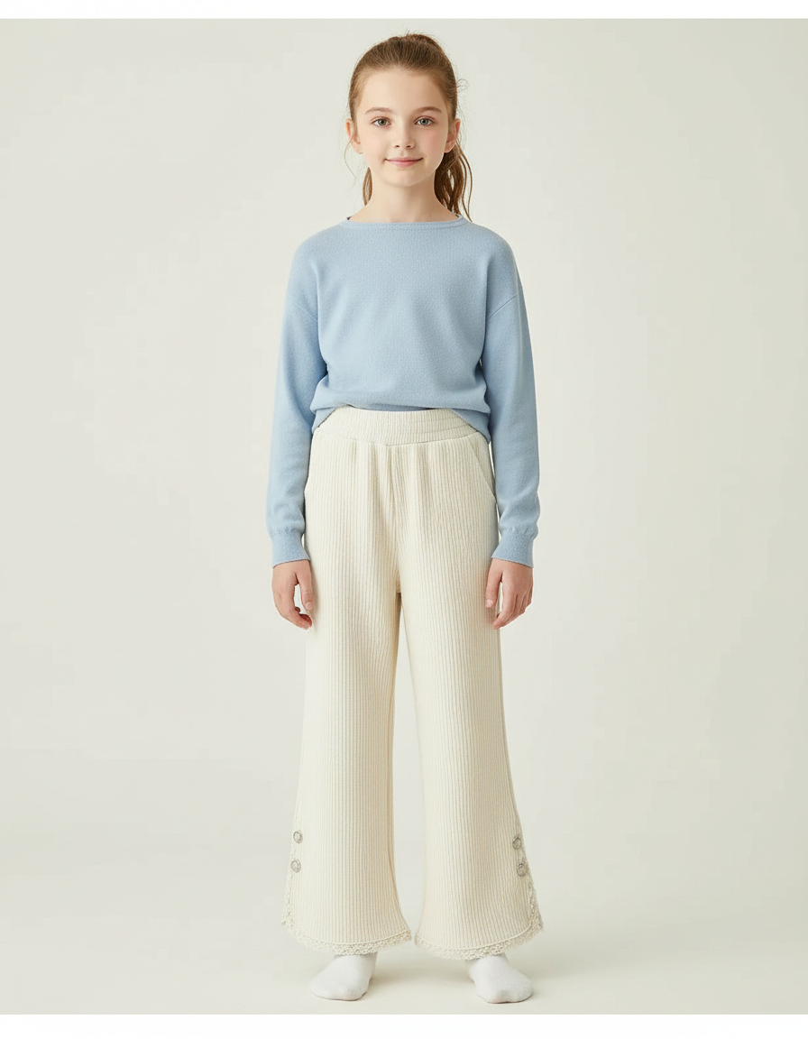 Pantalon Beige Côtelé Ample Évasé Dentelle Fille - Maille