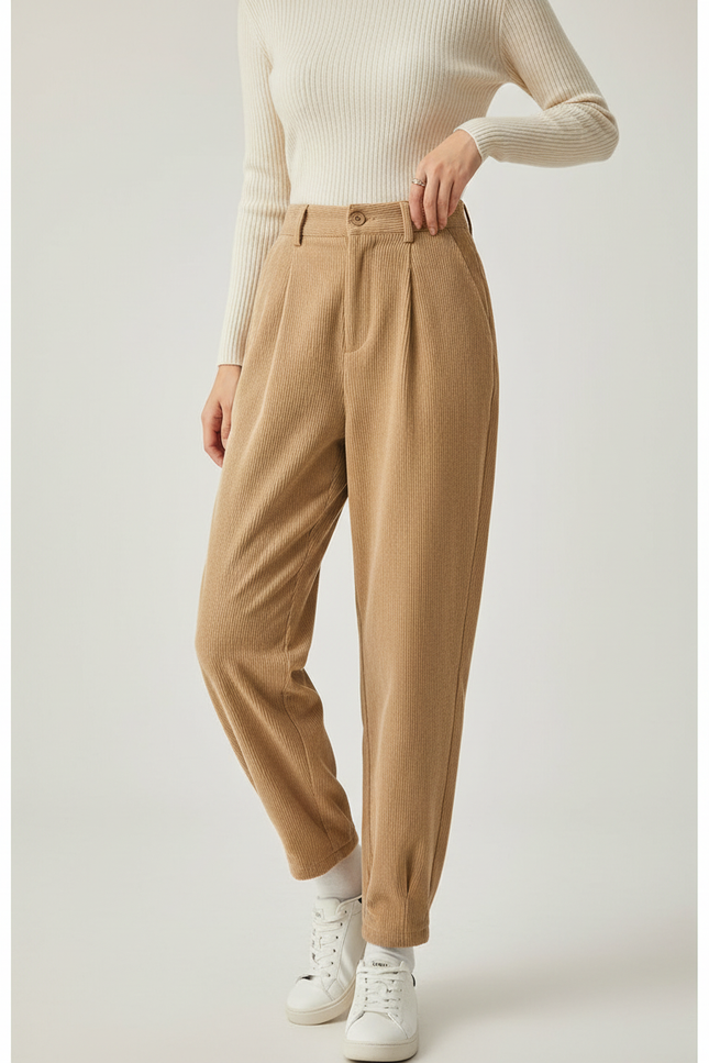 Pantalon Beige Côtelé Ample Décontracté Plissé - Cordé