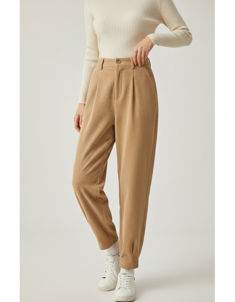 Pantalon Beige Côtelé Ample Décontracté Plissé - Cordé