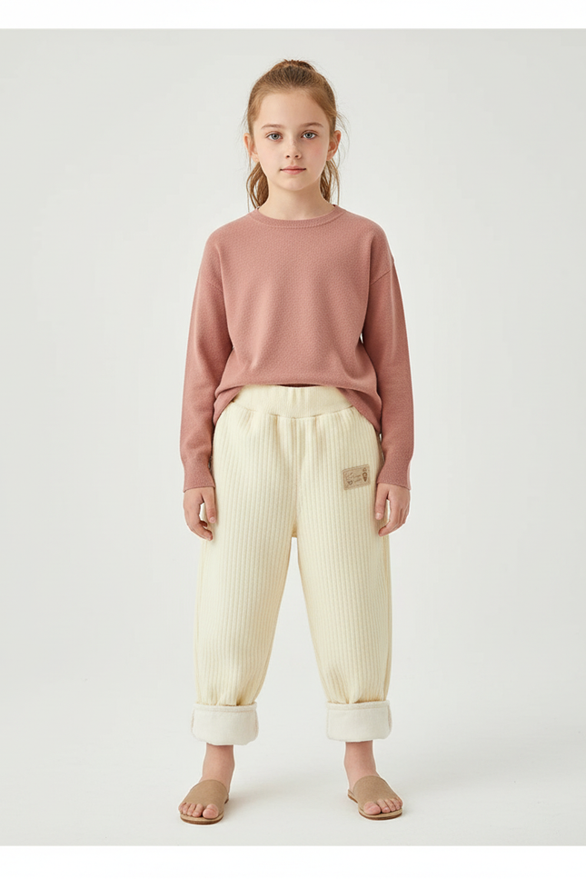 Pantalon Beige Côtelé Ample Molletonné Élastique Enfant