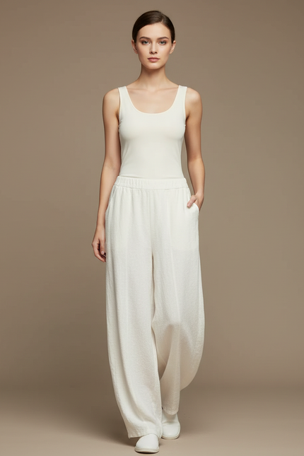 Pantalon Beige Ample Lin Élastique Femme Chic - Blanc
