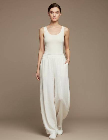 Pantalon Beige Ample Lin Élastique Femme Chic - Blanc