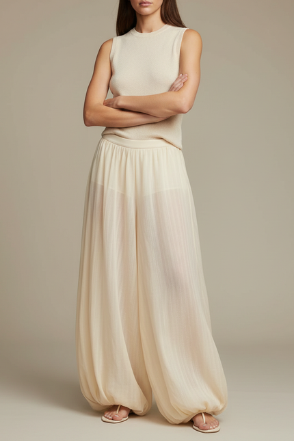 Pantalon Beige Ample Fluide Léger Femme Élégant - Viscose