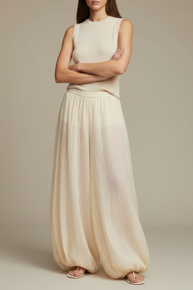 Pantalon Beige Ample Fluide Léger Femme Élégant - Viscose