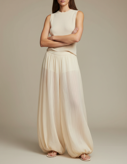 Pantalon Beige Ample Fluide Léger Femme Élégant - Viscose