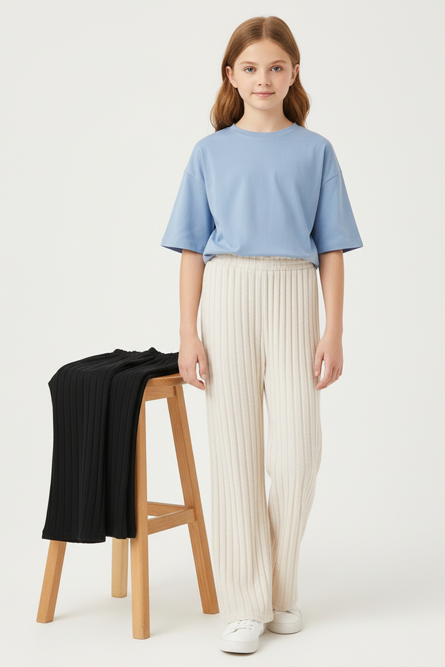 Pantalon Beige Côtelé Ample Décontracté Fille - Maille