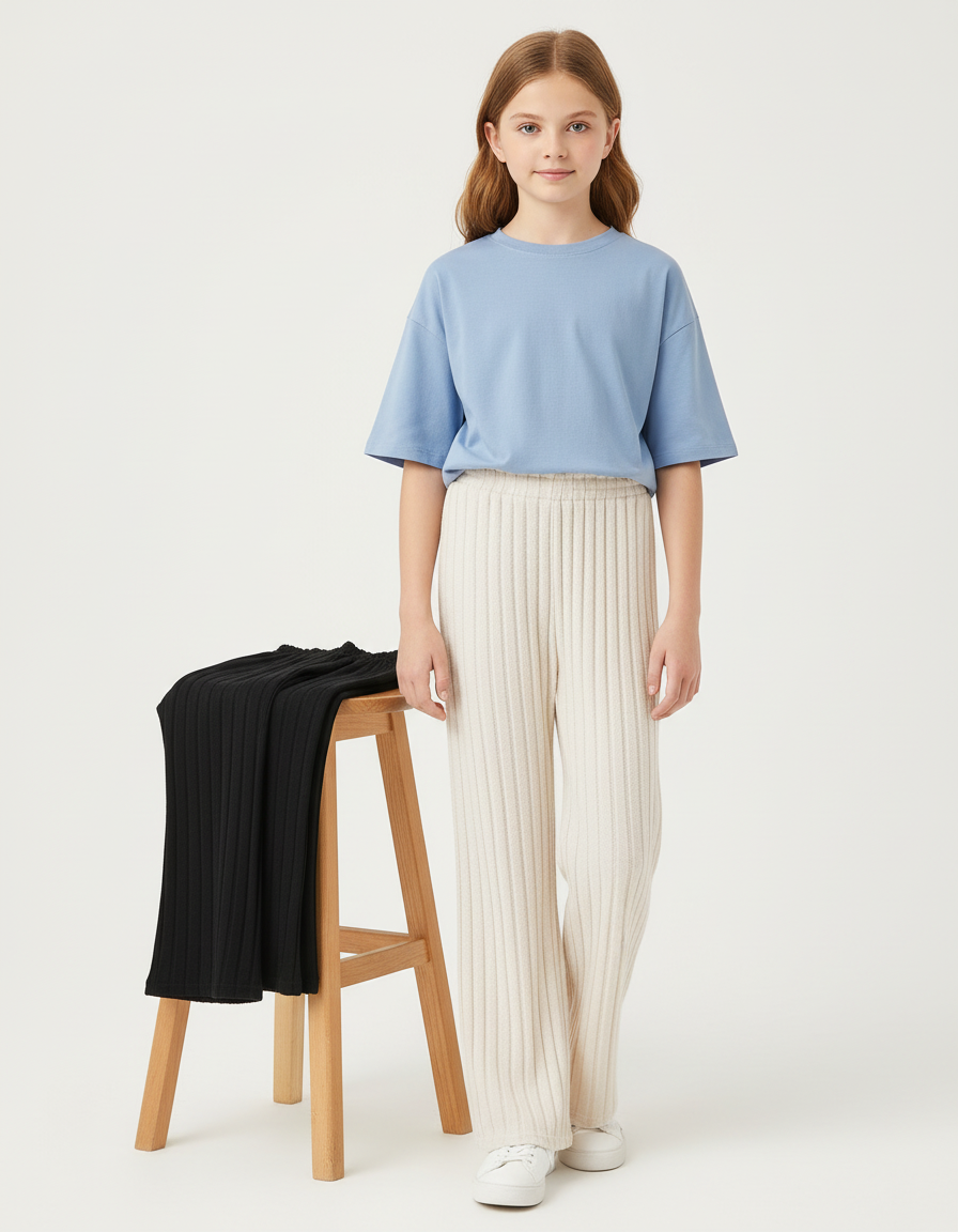 Pantalon Beige Côtelé Ample Décontracté Fille - Maille