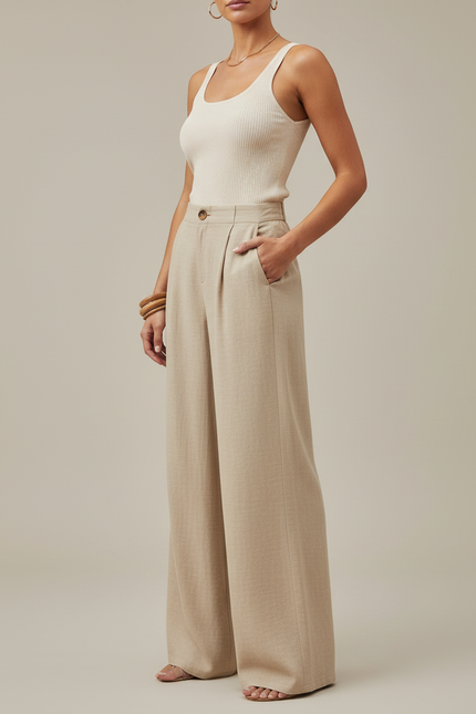 Pantalon Beige Ample Plissé Taille Haute Femme - Lin
