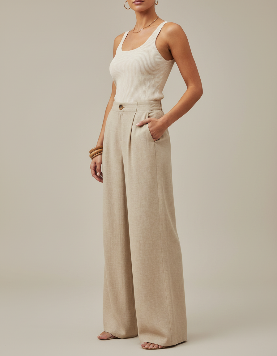 Pantalon Beige Ample Plissé Taille Haute Femme - Lin
