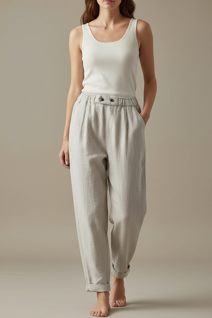 Pantalon Beige Lin Ample Taille Haute Décontracté Élégant