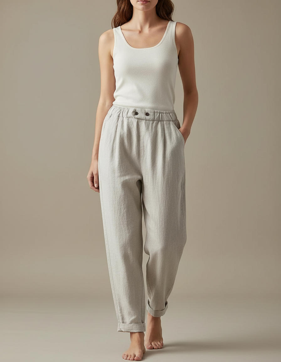 Pantalon Beige Lin Ample Taille Haute Décontracté Élégant