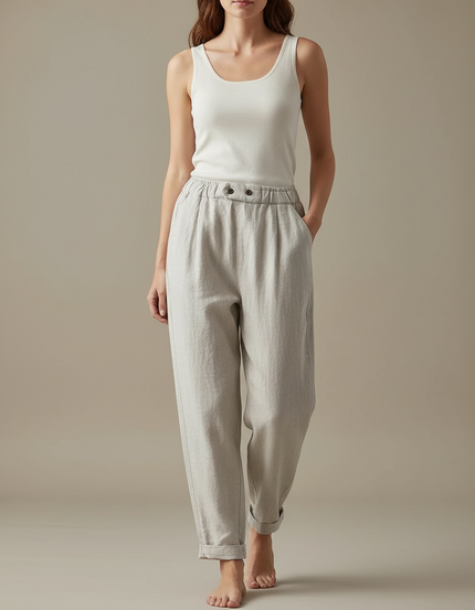 Pantalon Beige Lin Ample Taille Haute Décontracté Élégant