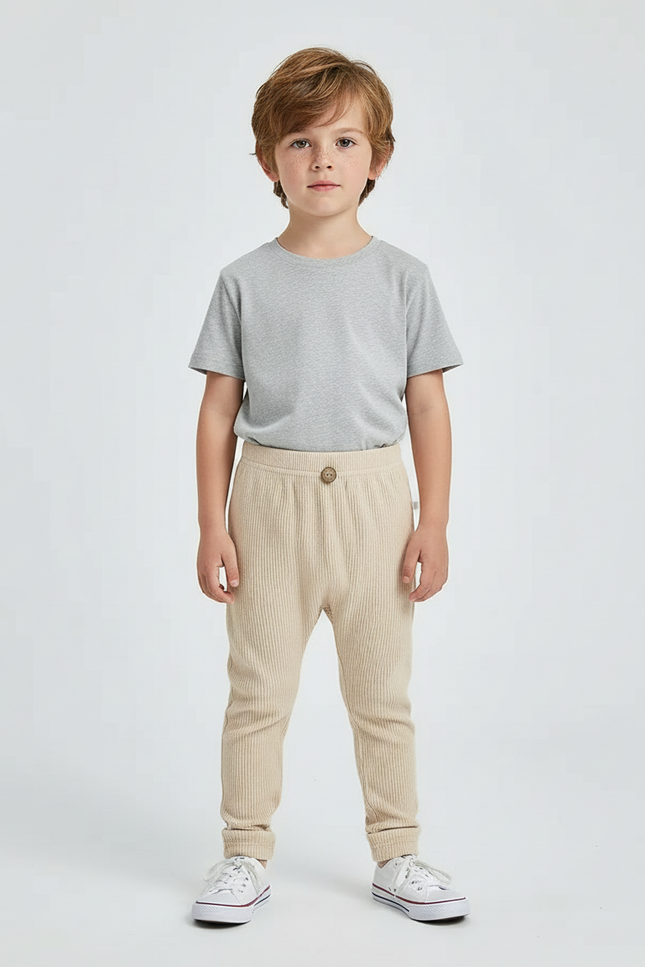 Pantalon Beige Côtelé Élastique Décontracté Enfant - Maille