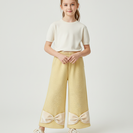 Pantalon Beige Large Nœud Velours Polaire Fille - Molleton