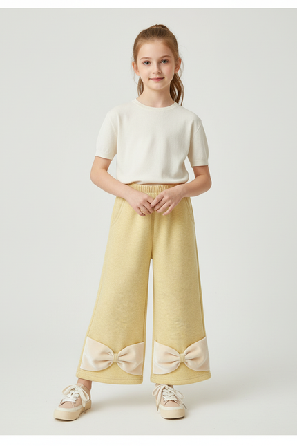 Pantalon Beige Large Nœud Velours Polaire Fille - Molleton