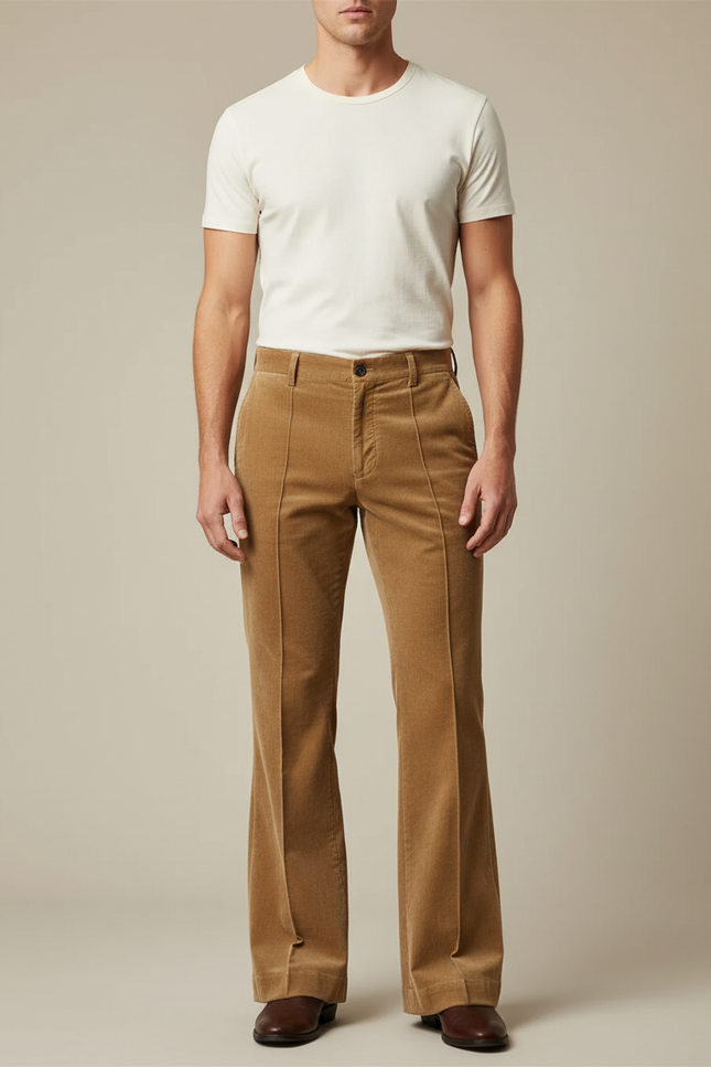 Pantalon Beige Côtelé Évasé Homme Décontracté - Camel Cordé