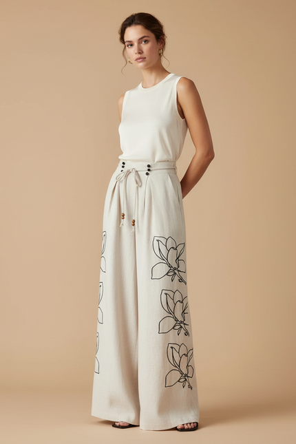 Pantalon Beige Large Fluide Lin Brodé Floral Femme