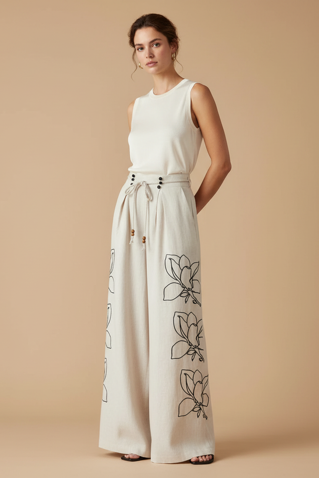 Pantalon Beige Large Fluide Lin Brodé Floral Femme